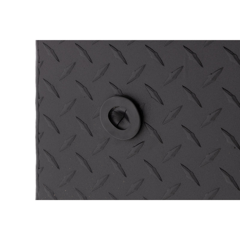 Weather Guard 121-52-04 crossover saddle box in textured matte black, close-up of the 12 volt power pass access port grommet