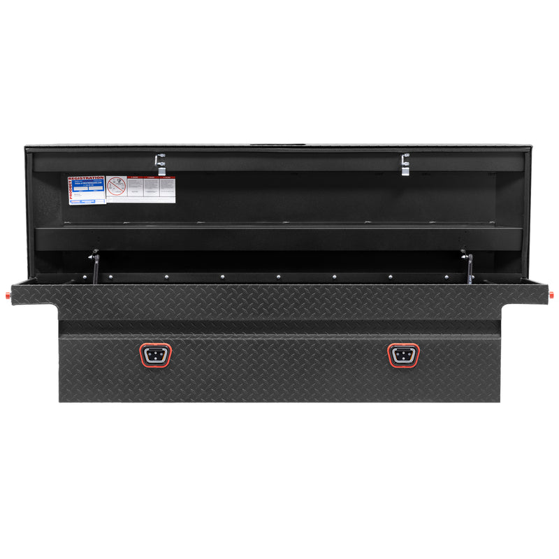 Weather Guard 121-52-04 crossover saddle box in textured matte black, straight-on front view with the lid open, showing the full interior