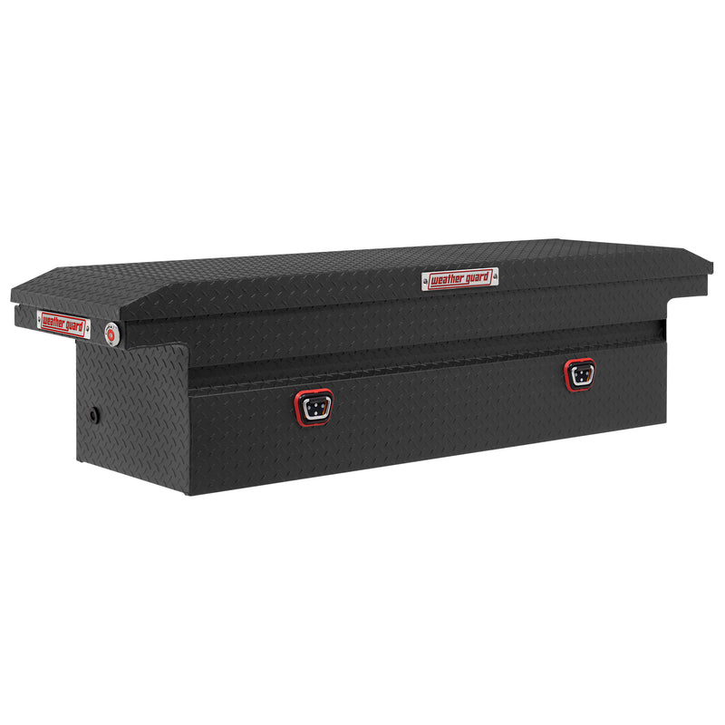 Weather Guard 121-52-04 crossover saddle box in textured matte black, front three-quarter studio view with the lid closed