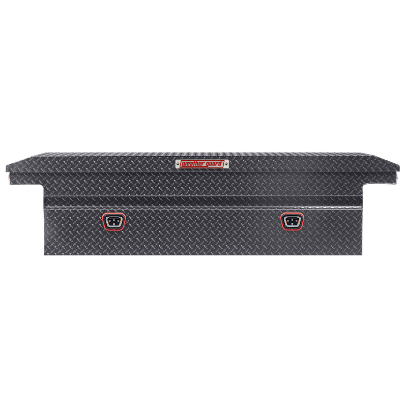 Weather Guard 121-6-04 crossover saddle box in gunmetal gray, straight-on front elevation with the lid closed