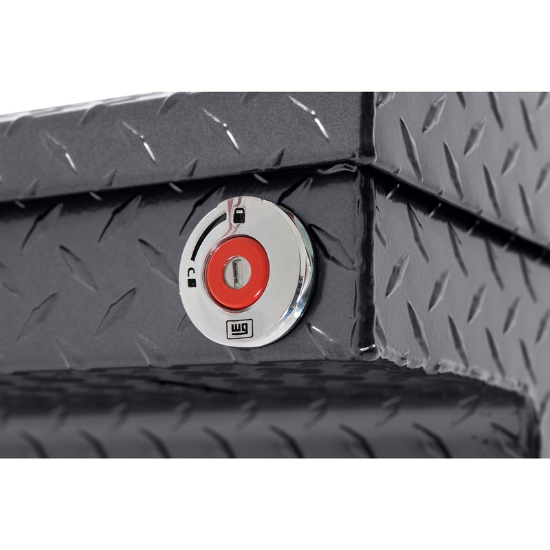 Weather Guard 121-6-04 crossover saddle box in gunmetal gray, close-up of the red push-button lock and Weather Guard badge
