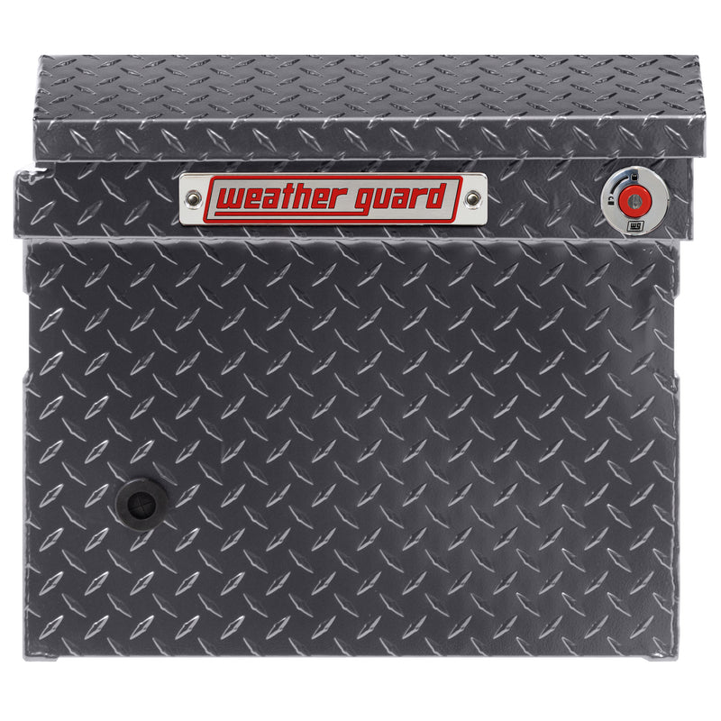 Weather Guard 121-6-04 crossover saddle box in gunmetal gray, side profile showing the body depth and the bed-rail notch