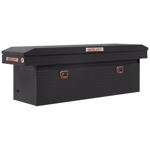 Weather Guard 123-52-04 crossover saddle box in textured matte black, front three-quarter studio view with the lid closed