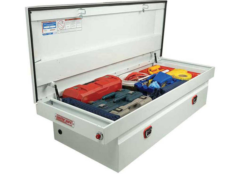 Weather Guard 126-3-03 steel crossover saddle truck tool box in brite white, open interior with divider tray