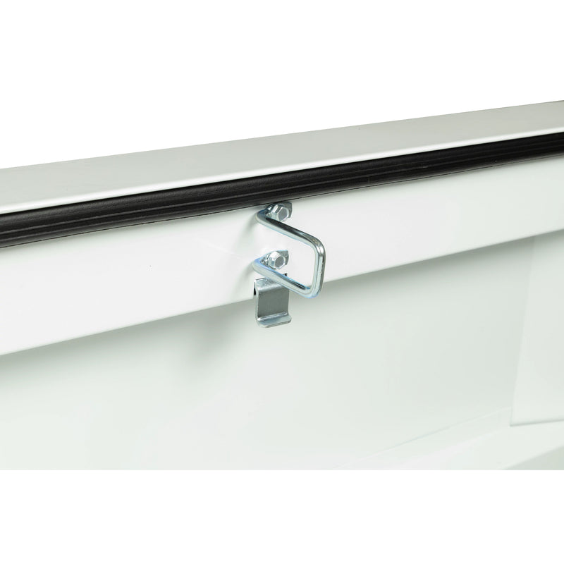 Weather Guard 126-3-04 crossover saddle box in brite white, close-up of the latch striker plate