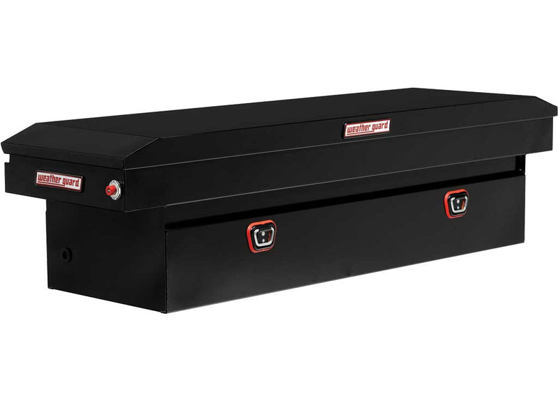 Weather Guard 126-5-03 steel crossover saddle truck tool box in gloss black, front three-quarter studio view