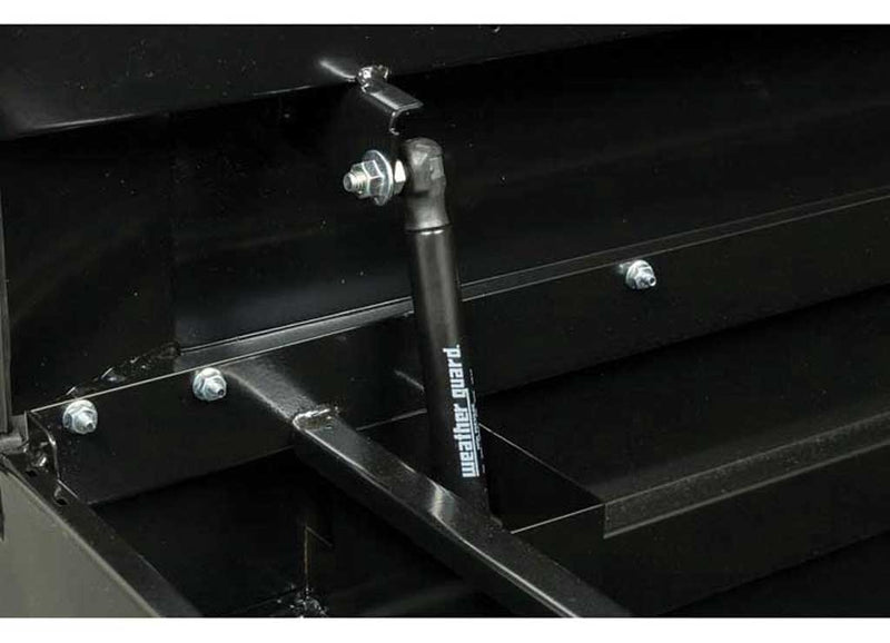 Weather Guard 126-5-03 steel crossover saddle truck tool box in gloss black, gas strut and reinforced lid detail