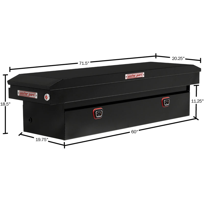 Weather Guard 126-5-04 crossover saddle box in gloss black, dimensional line drawing with the overall length, width and height called out