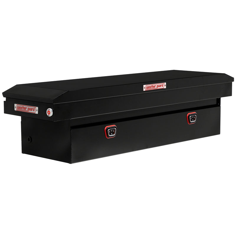 Weather Guard 126-5-04 crossover saddle box in gloss black, front three-quarter studio view with the lid closed