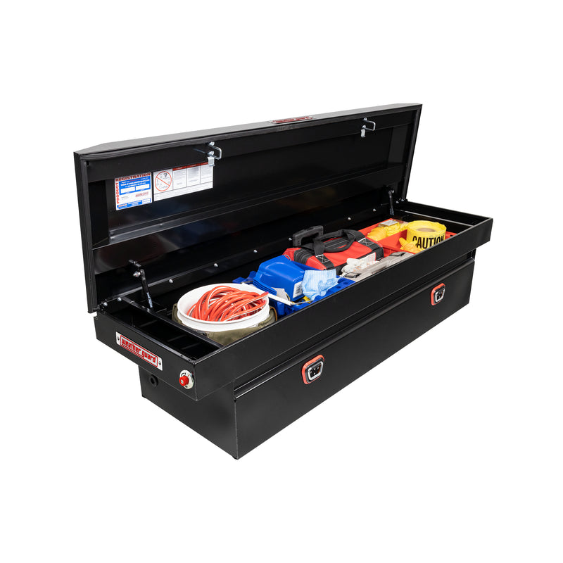 Weather Guard 126-5-04 crossover saddle box in gloss black, staged open with hand tools inside to show how the usable space loads