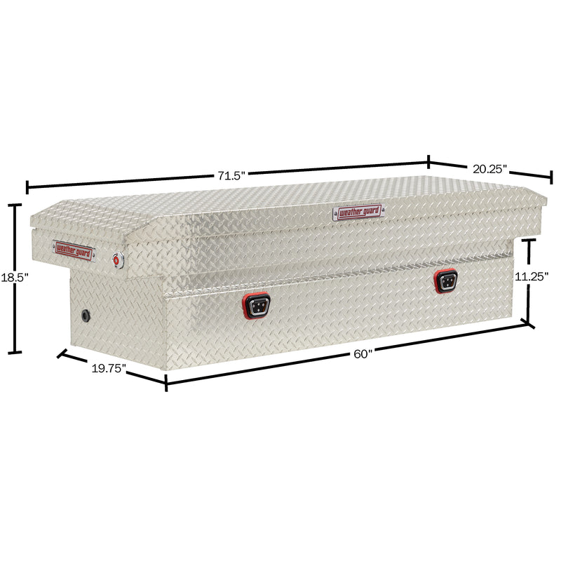 Weather Guard 127-0-04 crossover saddle box in bright aluminum diamond plate, dimensional line drawing with the overall length, width and height called out
