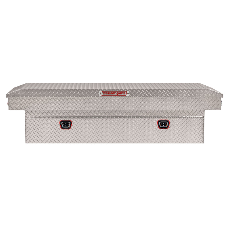 Weather Guard 127-0-04 crossover saddle box in bright aluminum diamond plate, straight-on front elevation with the lid closed