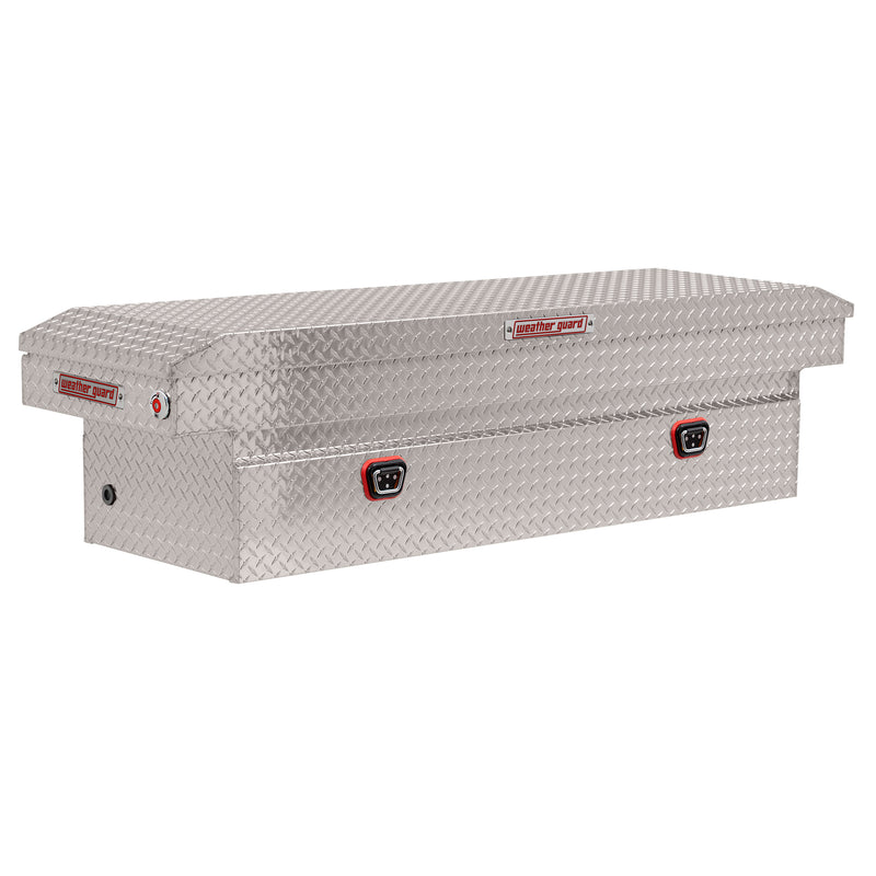 Weather Guard 127-0-04 crossover saddle box in bright aluminum diamond plate, front three-quarter studio view with the lid closed