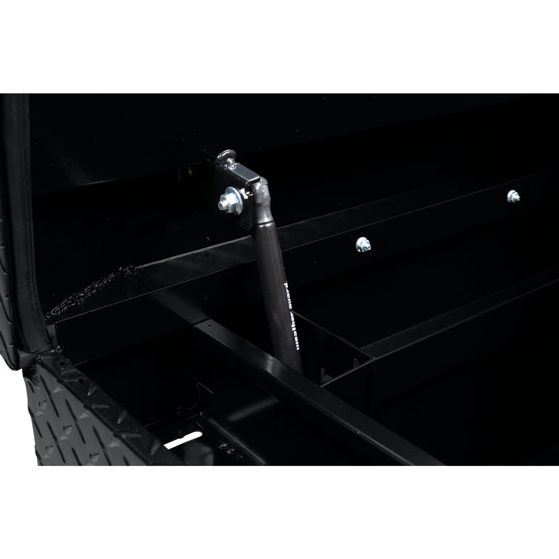 Weather Guard 127-5-04 crossover saddle box in gloss black, close-up of the gas strut holding the lid open