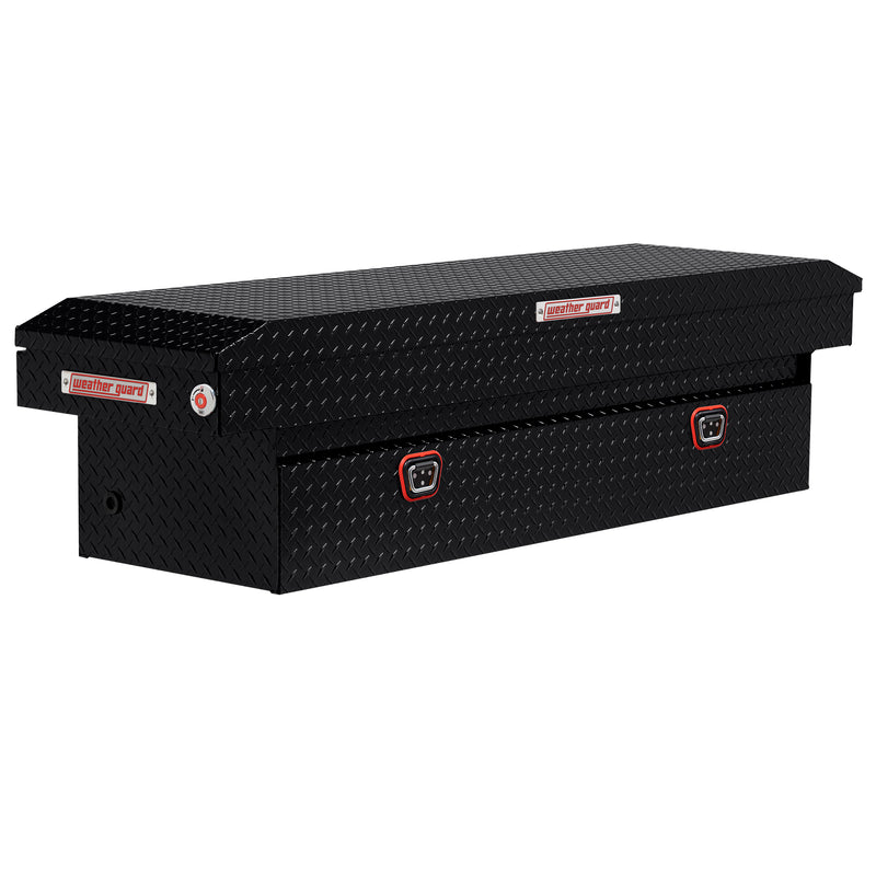 Weather Guard 127-5-04 crossover saddle box in gloss black, front three-quarter studio view with the lid closed