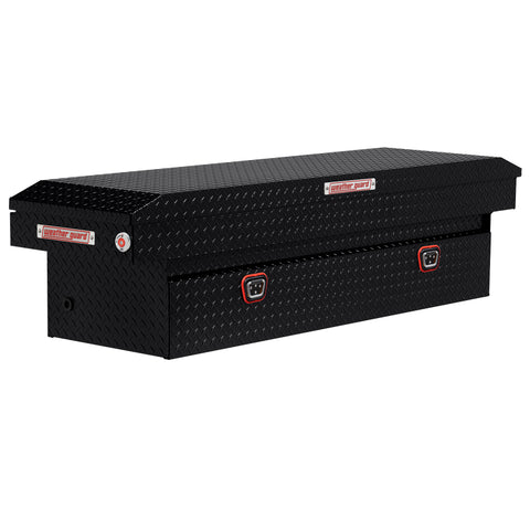 Weather Guard 127-5-04 crossover saddle box in gloss black, front three-quarter studio view with the lid closed