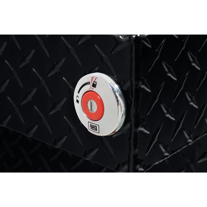 Weather Guard 127-5-04 crossover saddle box in gloss black, close-up of the red push-button lock and Weather Guard badge