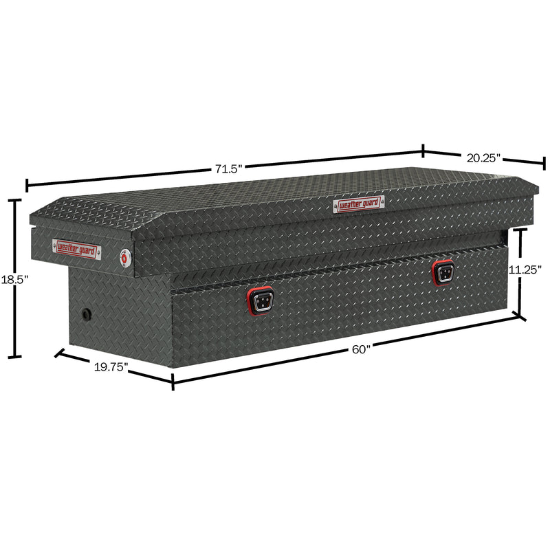Weather Guard 127-6-04 crossover saddle box in gunmetal gray, dimensional line drawing with the overall length, width and height called out