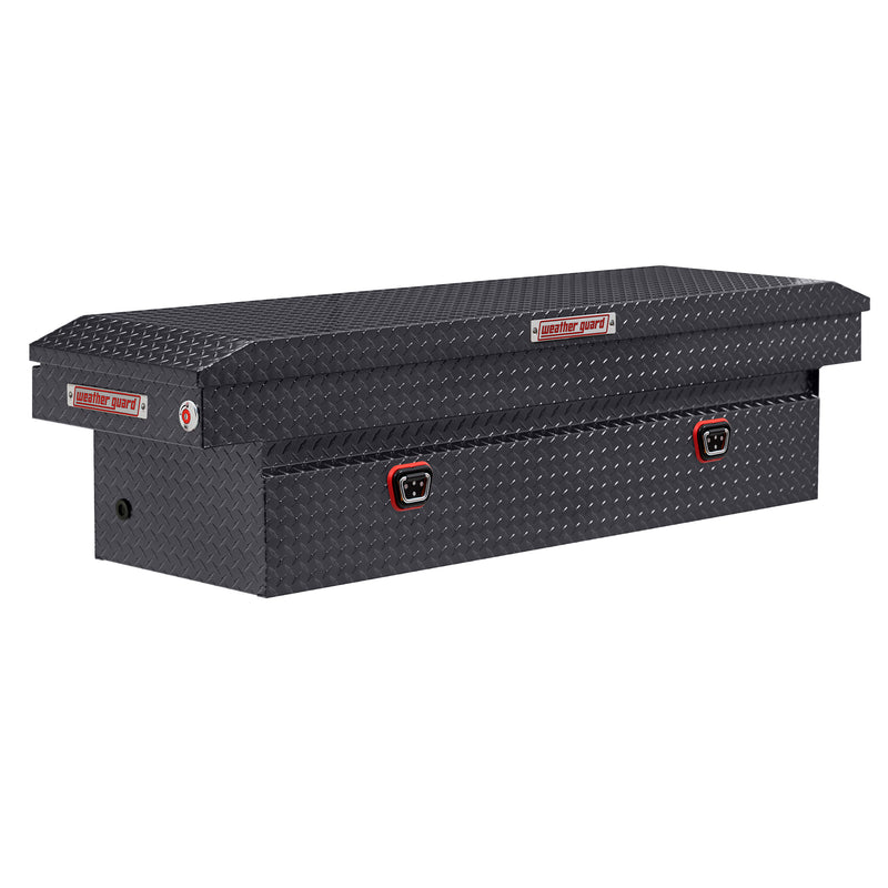 Weather Guard 127-6-04 crossover saddle box in gunmetal gray, front three-quarter studio view with the lid closed