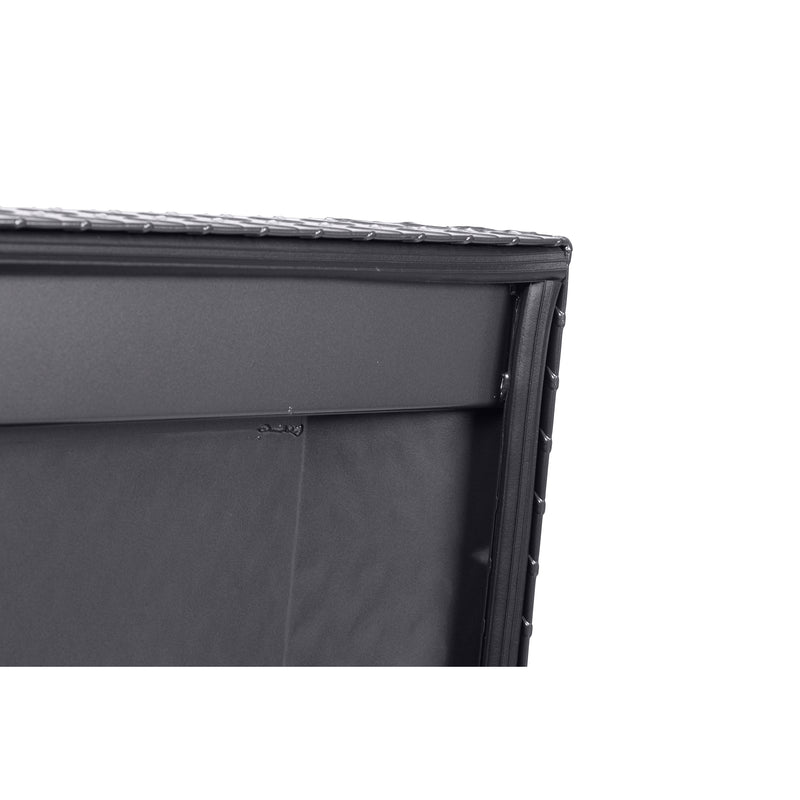 Weather Guard 127-6-04 crossover saddle box in gunmetal gray, close-up of the D-shaped ribbed weather seal around the opening