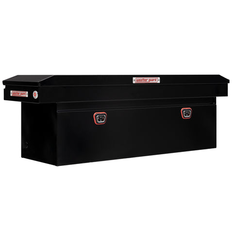 Weather Guard 128-5-04 crossover saddle box in gloss black, front three-quarter studio view with the lid closed