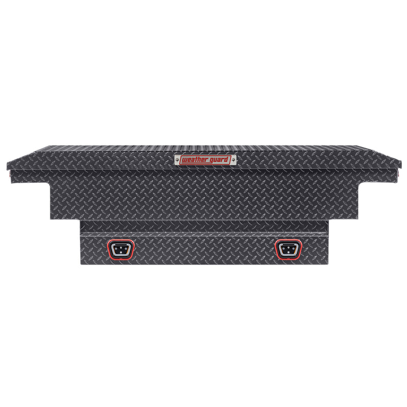 Weather Guard 131-6-04 crossover saddle box in gunmetal gray, straight-on front elevation with the lid closed