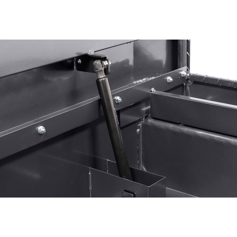 Weather Guard 131-6-04 crossover saddle box in gunmetal gray, close-up of the gas strut holding the lid open