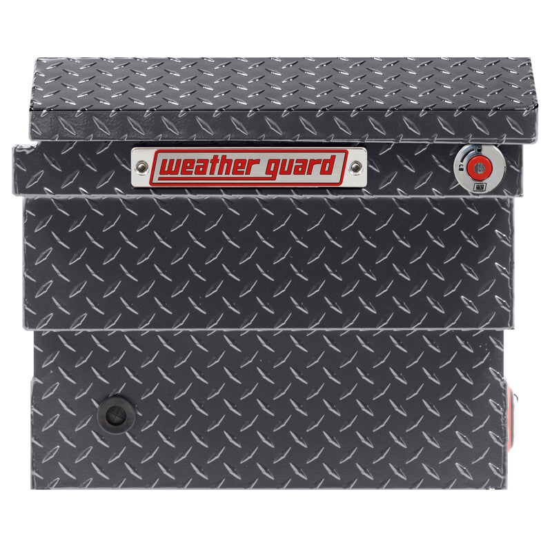 Weather Guard 131-6-04 crossover saddle box in gunmetal gray, side profile showing the body depth and the bed-rail notch