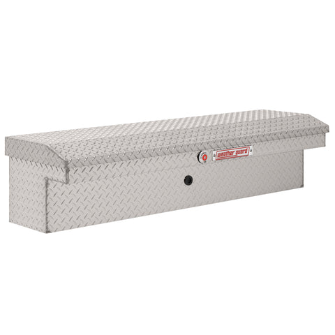 Weather Guard 178-0-04 low-profile Lo-Side box in bright aluminum diamond plate, front three-quarter studio view with the lid closed