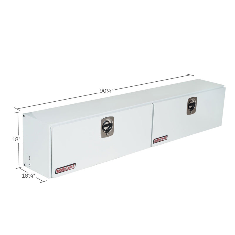 Weather Guard 291-3-02 Super Hi-Side box in brite white, dimensional line drawing with the overall length, width and height called out