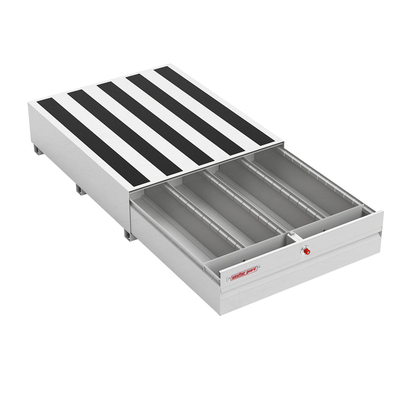 Weather Guard 338-3-04 PACK RAT drawer unit in white with the drawer pulled fully open on its slides