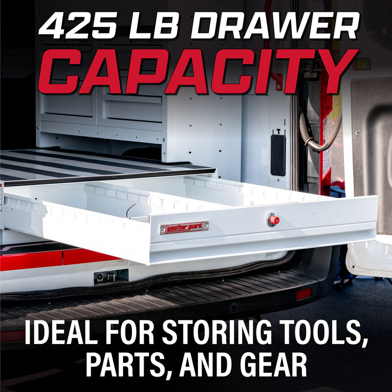 Weather Guard marketing tile stating the 425 lb drawer capacity of the PACK RAT drawer unit