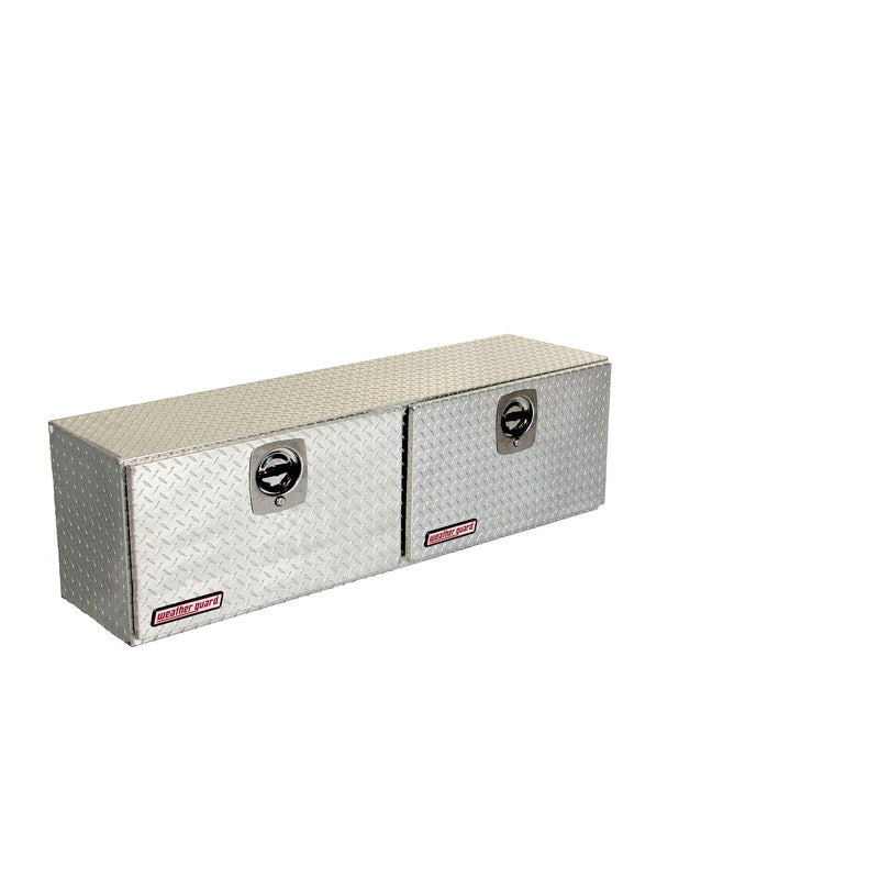 Weather Guard 364-0-02 Hi-Side box in bright aluminum diamond plate, front three-quarter studio view with the doors closed
