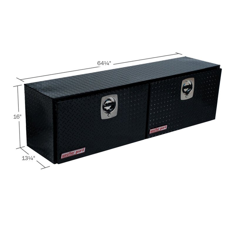 Weather Guard 364-5-02 Hi-Side box in gloss black, dimensional line drawing with the overall length, width and height called out