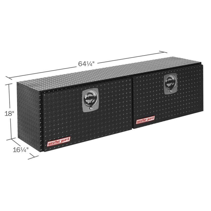 Weather Guard 365-5-02 Super-Side box in gloss black, dimensional line drawing with the overall length, width and height called out
