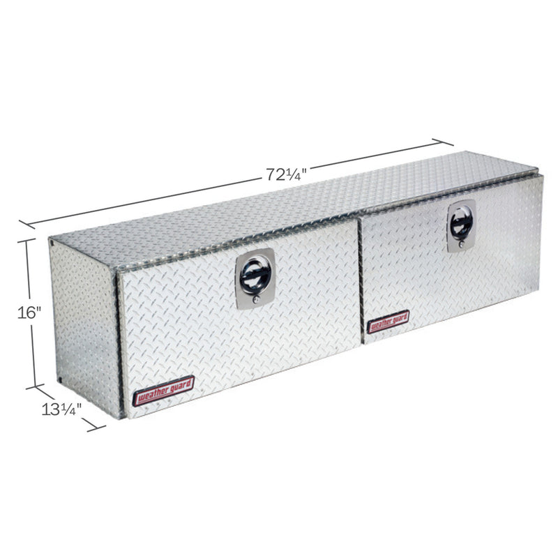 Weather Guard 372-0-02 Hi-Side box in bright aluminum diamond plate, dimensional line drawing with the overall length, width and height called out