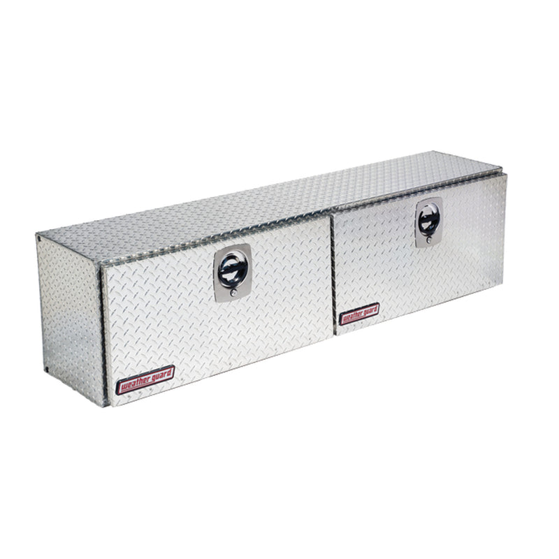 Weather Guard 372-0-02 Hi-Side box in bright aluminum diamond plate, front three-quarter studio view with the doors closed