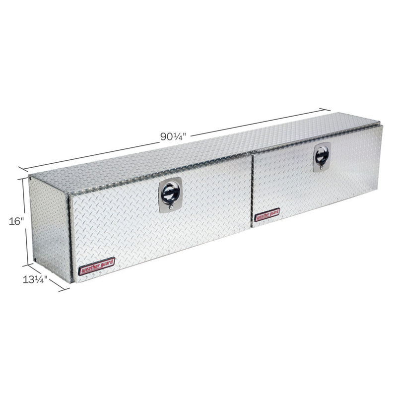 Weather Guard 390-0-02 Hi-Side box in bright aluminum diamond plate, dimensional line drawing with the overall length, width and height called out