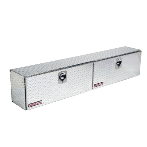 Weather Guard 390-0-02 Hi-Side box in bright aluminum diamond plate, front three-quarter studio view with the doors closed