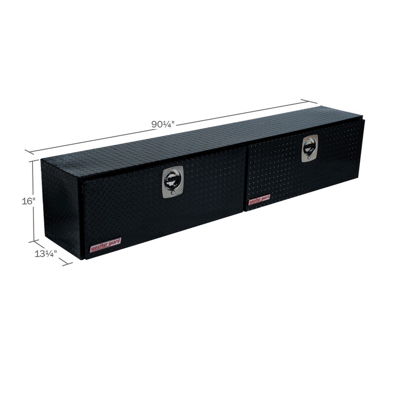 Weather Guard 390-5-02 Hi-Side box in gloss black, dimensional line drawing with the overall length, width and height called out