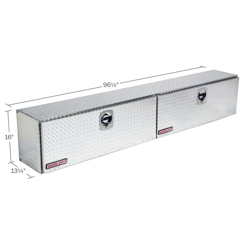 Weather Guard 396-0-02 Hi-Side box in bright aluminum diamond plate, dimensional line drawing with the overall length, width and height called out