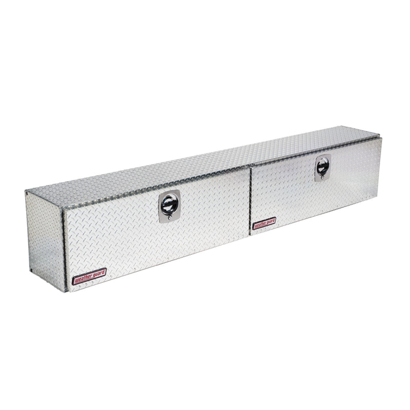 Weather Guard 396-0-02 Hi-Side box in bright aluminum diamond plate, front three-quarter studio view with the doors closed