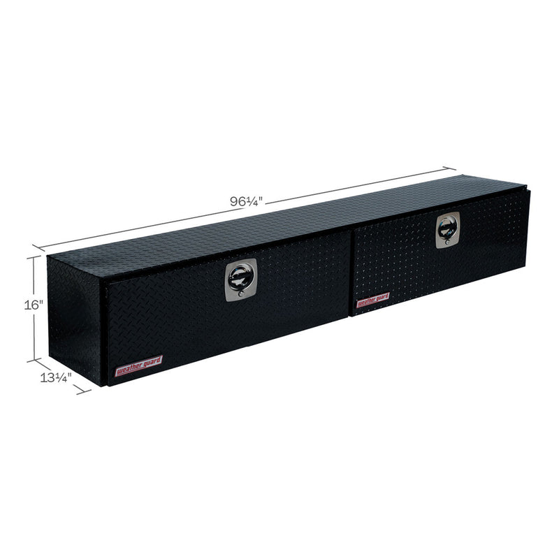 Weather Guard 396-5-02 Hi-Side box in gloss black, dimensional line drawing with the overall length, width and height called out