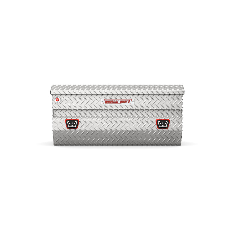 Weather Guard 614-0-04 All-Purpose Chest in bright aluminum diamond plate, straight-on front elevation with the lid closed