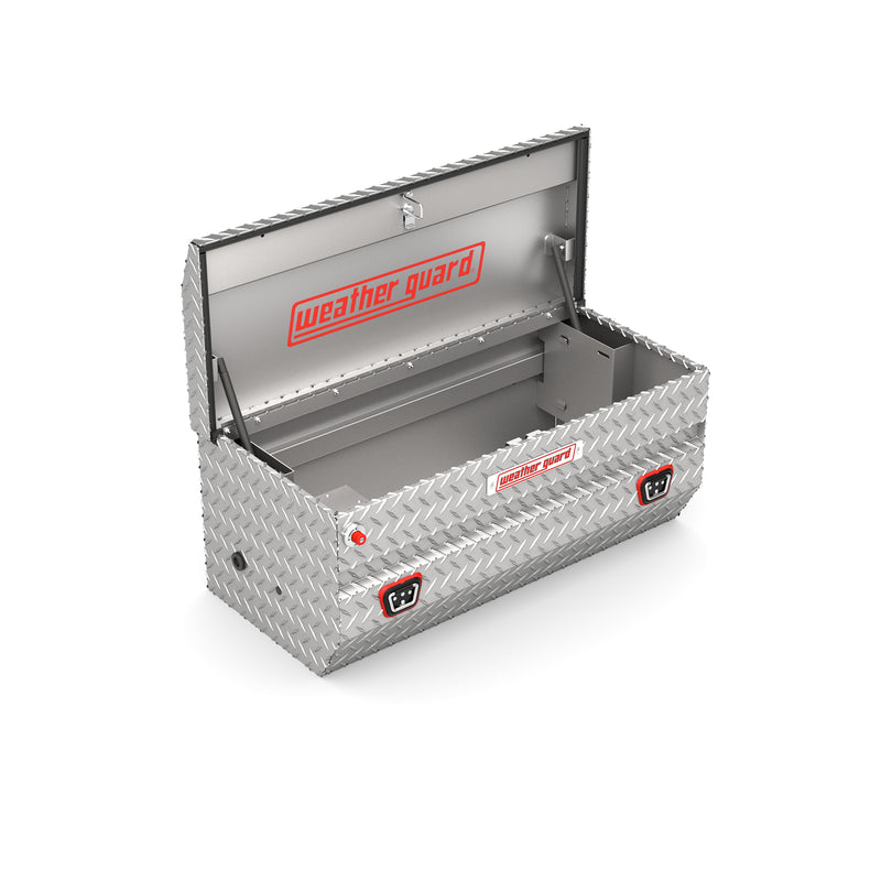 Weather Guard 614-0-04 All-Purpose Chest in bright aluminum diamond plate, lid open, showing the interior floor and the full opening