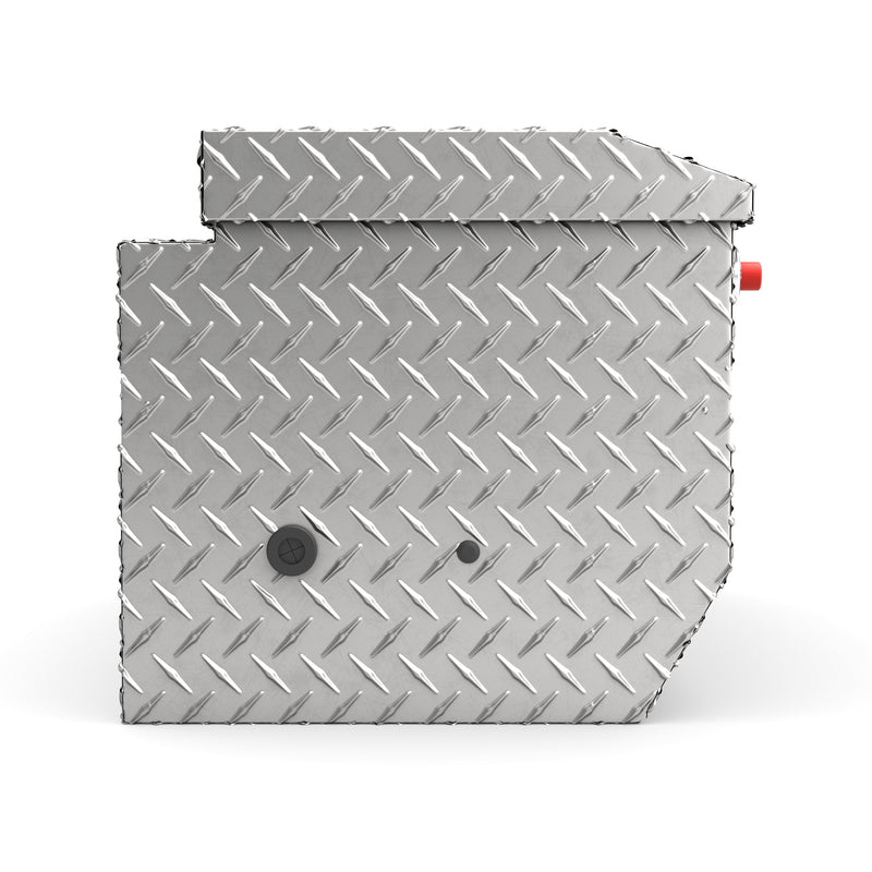 Weather Guard 614-0-04 All-Purpose Chest in bright aluminum diamond plate, side profile showing the body depth and lid overhang