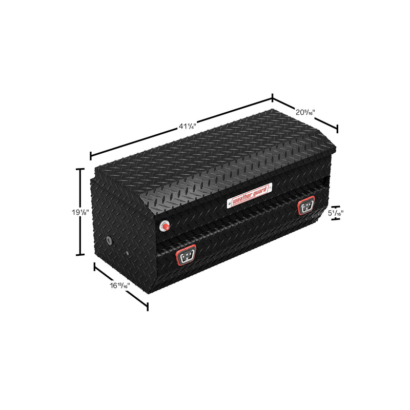 Weather Guard 614-5-04 All-Purpose Chest in gloss black, dimensional line drawing with the overall length, width and height called out