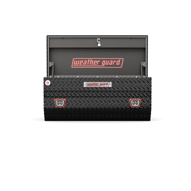 Weather Guard 614-5-04 All-Purpose Chest in gloss black, straight-on front view with the lid open, showing the full interior