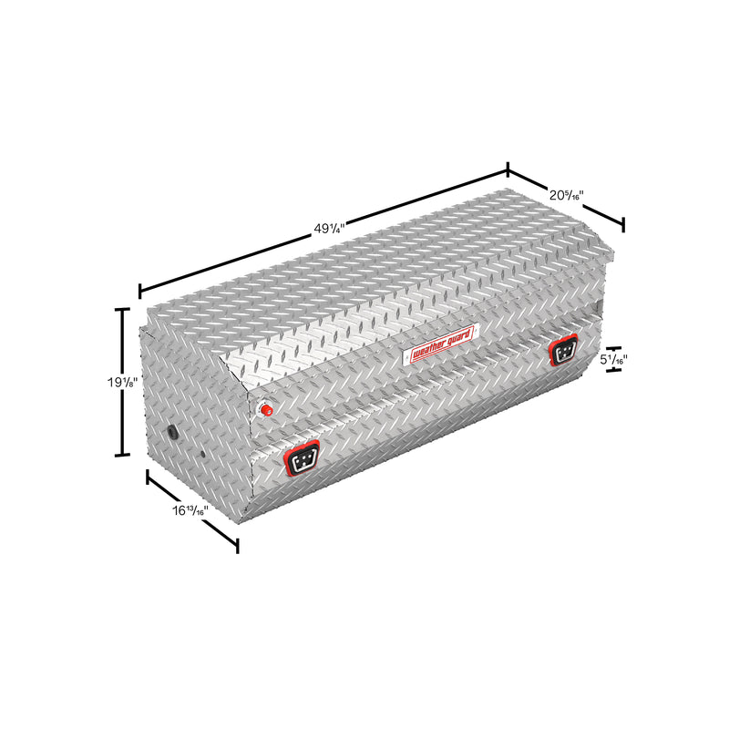 Weather Guard 624-0-04 All-Purpose Chest in bright aluminum diamond plate, dimensional line drawing with the overall length, width and height called out