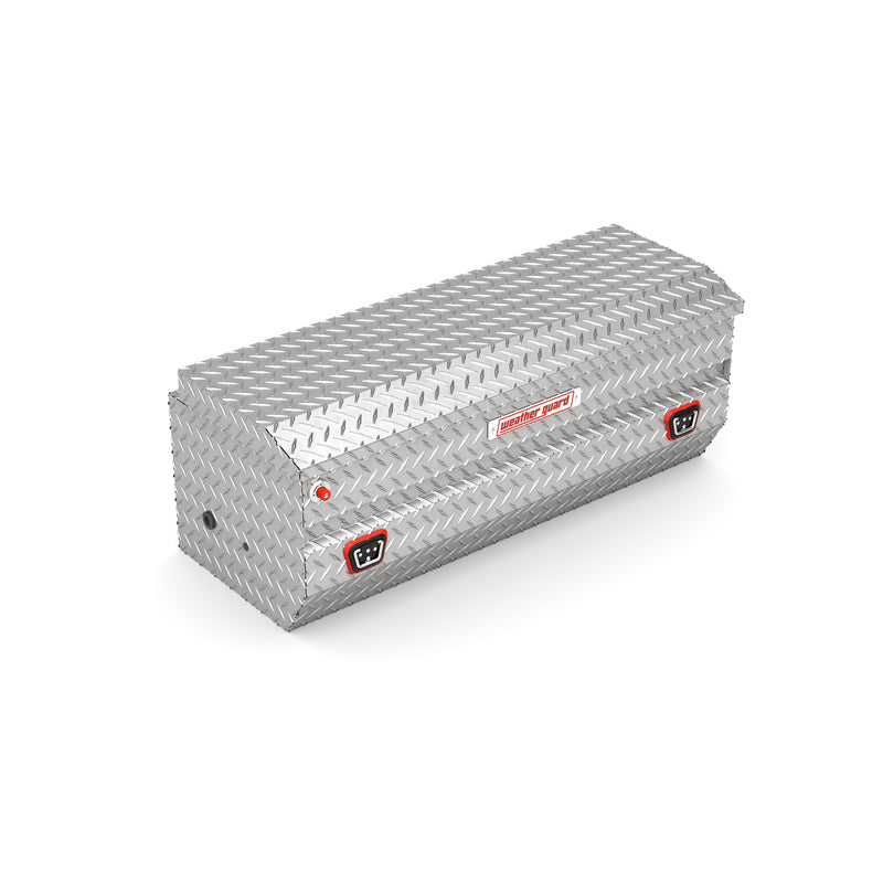 Weather Guard 624-0-04 All-Purpose Chest in bright aluminum diamond plate, front three-quarter studio view with the lid closed